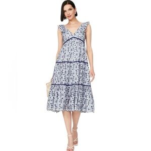 Marchesa Blue and White Floral Midi Dress